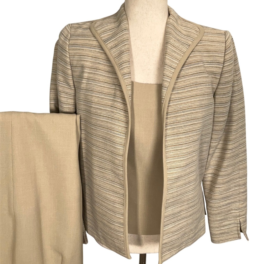 Liz Claiborne Suit 3pc Set Women 4 Beige Stripe‎ Tonal Quiet Luxury Party